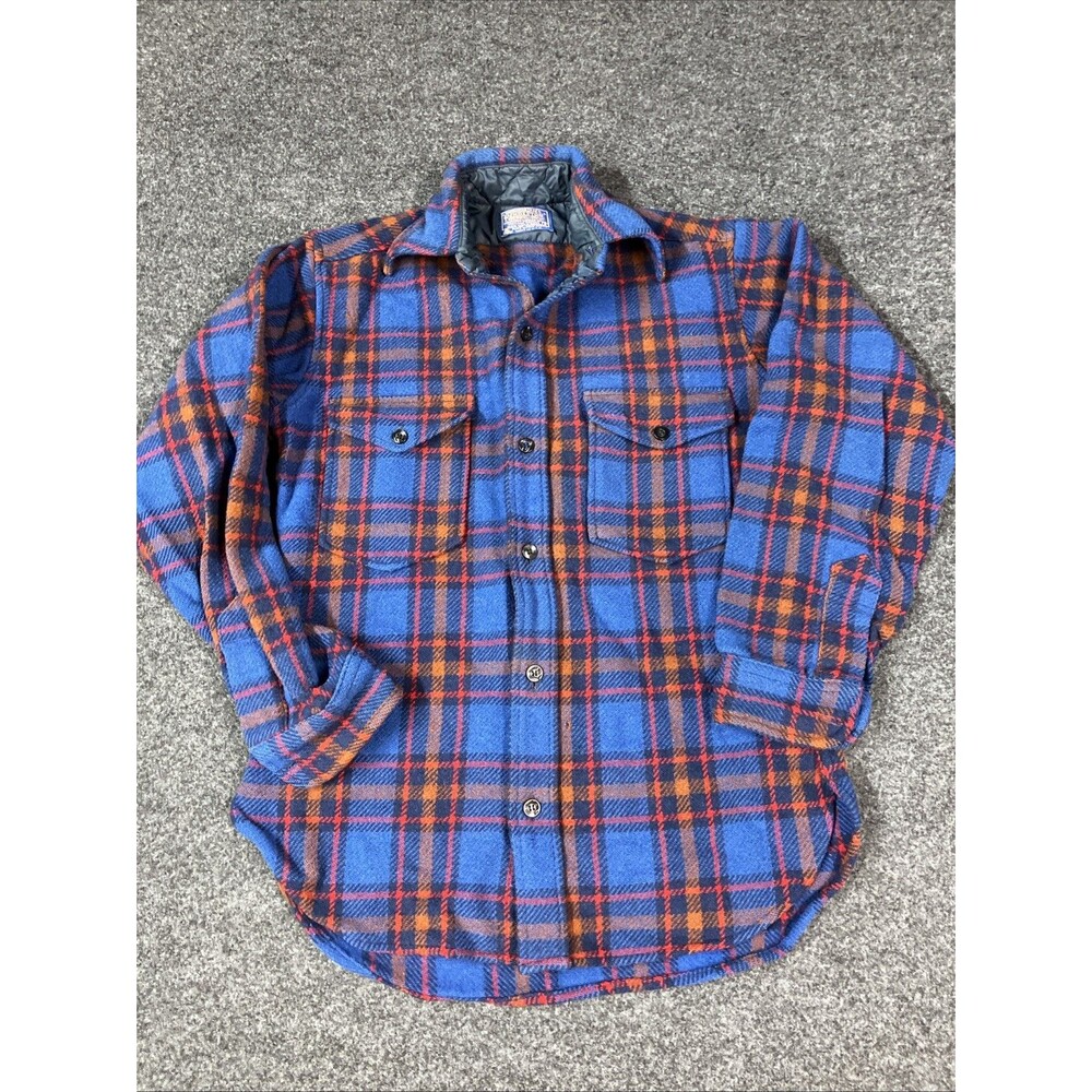 VTG 70s Pendleton Wool Field Shirt Mens Plaid Flannel Blue Orange Double Flap
